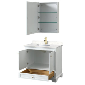 Deborah 36 Inch Single Bathroom Vanity in White Carrara Cultured Marble Countertop Undermount Square Sink Brushed Gold Trim Medicine Cabinet