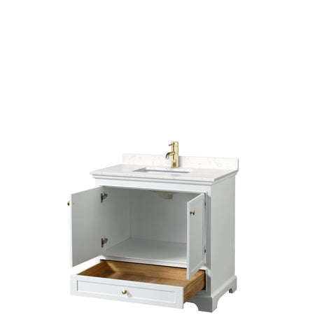 Deborah 36 Inch Single Bathroom Vanity in White Carrara Cultured Marble Countertop Undermount Square Sink Brushed Gold Trim No Mirror