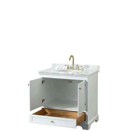 Deborah 36 Inch Single Bathroom Vanity in White White Carrara Marble Countertop Undermount Oval Sink Brushed Gold Trim No Mirror