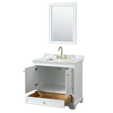 Deborah 36 Inch Single Bathroom Vanity in White White Carrara Marble Countertop Undermount Square Sink Brushed Gold Trim 24 Inch Mirror