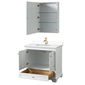 Deborah 36 Inch Single Bathroom Vanity in White White Cultured Marble Countertop Undermount Square Sink Brushed Gold Trim Medicine Cabinet