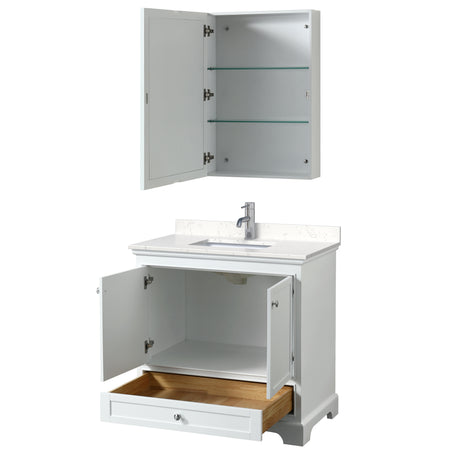 Deborah 36 Inch Single Bathroom Vanity in White Carrara Cultured Marble Countertop Undermount Square Sink Medicine Cabinet