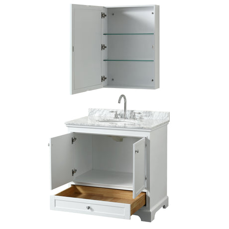 Deborah 36 Inch Single Bathroom Vanity in White White Carrara Marble Countertop Undermount Oval Sink and Medicine Cabinet