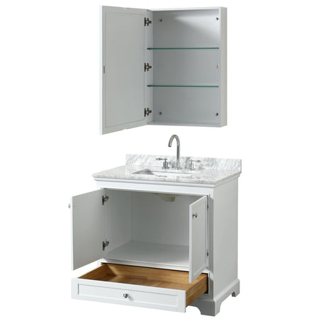 Deborah 36 Inch Single Bathroom Vanity in White White Carrara Marble Countertop Undermount Square Sink and Medicine Cabinet