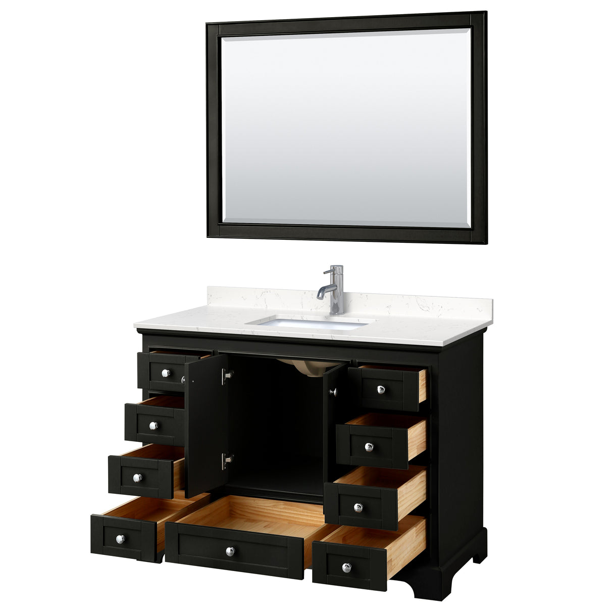 Deborah 48 Inch Single Bathroom Vanity in Dark Espresso Carrara Cultured Marble Countertop Undermount Square Sink 46 Inch Mirror