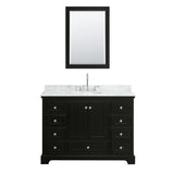 Deborah 48 Inch Single Bathroom Vanity in Dark Espresso White Carrara Marble Countertop Undermount Oval Sink and Medicine Cabinet