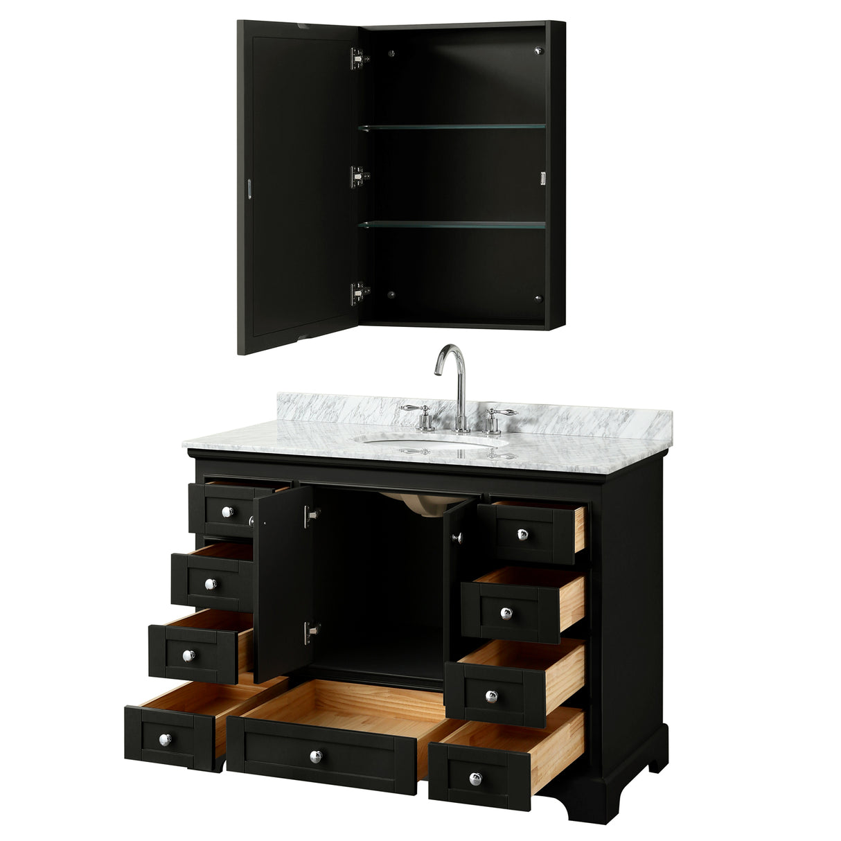 Deborah 48 Inch Single Bathroom Vanity in Dark Espresso White Carrara Marble Countertop Undermount Oval Sink and Medicine Cabinet