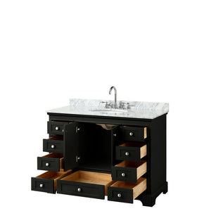 Deborah 48 Inch Single Bathroom Vanity in Dark Espresso White Carrara Marble Countertop Undermount Oval Sink and No Mirror