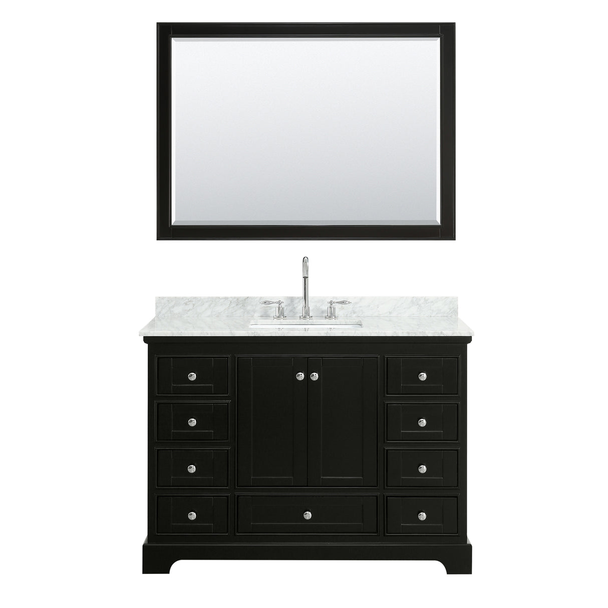 Deborah 48 Inch Single Bathroom Vanity in Dark Espresso White Carrara Marble Countertop Undermount Square Sink and 46 Inch Mirror