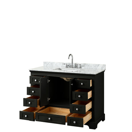 Deborah 48 Inch Single Bathroom Vanity in Dark Espresso White Carrara Marble Countertop Undermount Square Sink and No Mirror