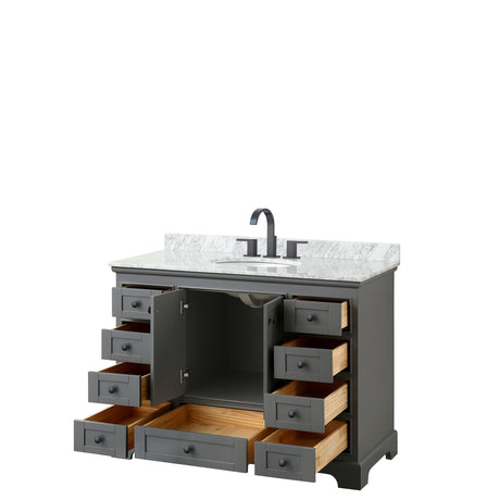 Deborah 48 Inch Single Bathroom Vanity in Dark Gray White Carrara Marble Countertop Undermount Oval Sink Matte Black Trim