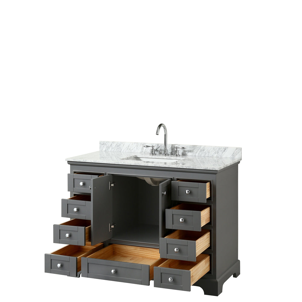 Deborah 48 Inch Single Bathroom Vanity in Dark Gray White Carrara Marble Countertop Undermount Square Sink and No Mirror