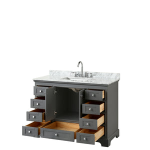 Deborah 48 Inch Single Bathroom Vanity in Dark Gray White Carrara Marble Countertop Undermount Square Sink and No Mirror
