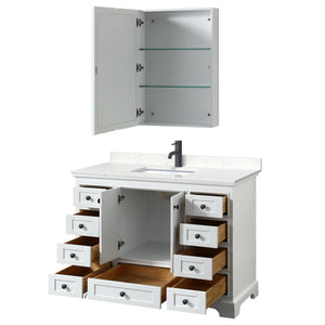 Deborah 48 Inch Single Bathroom Vanity in White Carrara Cultured Marble Countertop Undermount Square Sink Matte Black Trim Medicine Cabinet