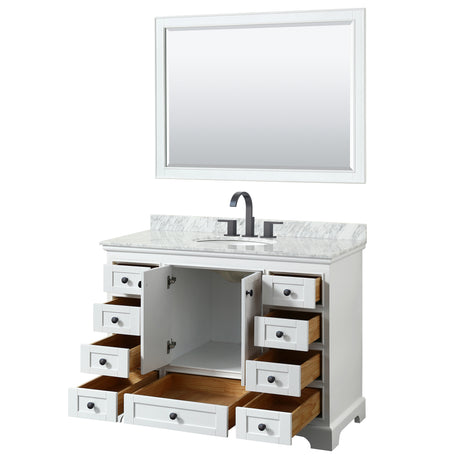 Deborah 48 Inch Single Bathroom Vanity in White White Carrara Marble Countertop Undermount Oval Sink Matte Black Trim 46 Inch Mirror