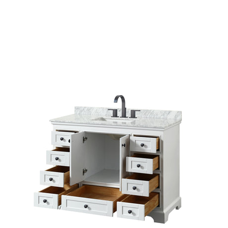 Deborah 48 Inch Single Bathroom Vanity in White White Carrara Marble Countertop Undermount Square Sink Matte Black Trim