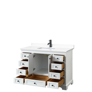 Deborah 48 Inch Single Bathroom Vanity in White White Cultured Marble Countertop Undermount Square Sink Matte Black Trim