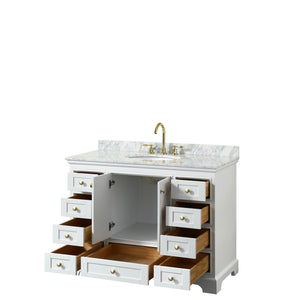 Deborah 48 Inch Single Bathroom Vanity in White White Carrara Marble Countertop Undermount Oval Sink Brushed Gold Trim No Mirror