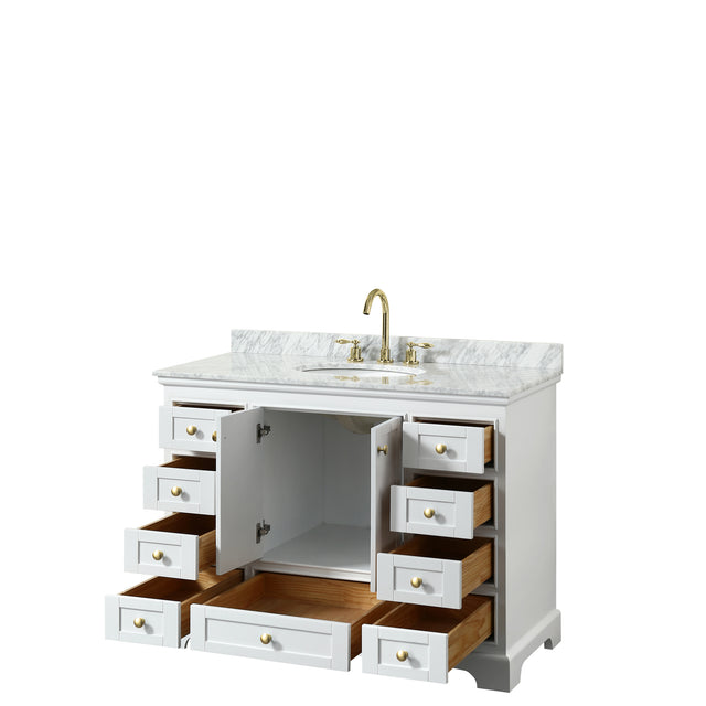 Deborah 48 Inch Single Bathroom Vanity in White White Carrara Marble Countertop Undermount Oval Sink Brushed Gold Trim No Mirror