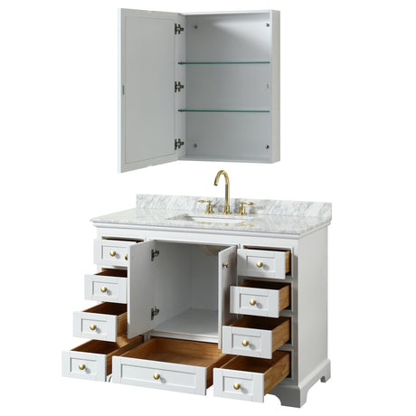 Deborah 48 Inch Single Bathroom Vanity in White White Carrara Marble Countertop Undermount Square Sink Brushed Gold Trim Medicine Cabinet