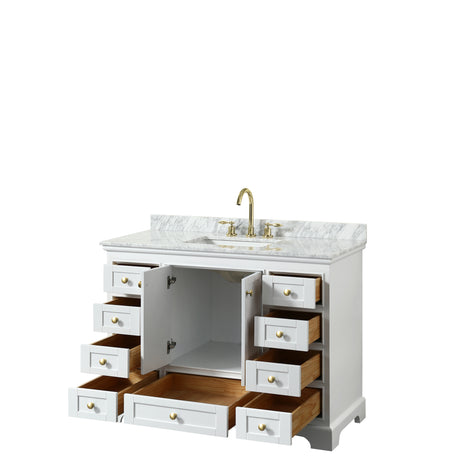 Deborah 48 Inch Single Bathroom Vanity in White White Carrara Marble Countertop Undermount Square Sink Brushed Gold Trim No Mirror