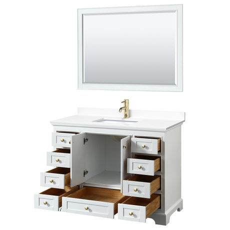 Deborah 48 Inch Single Bathroom Vanity in White White Cultured Marble Countertop Undermount Square Sink Brushed Gold Trim 46 Inch Mirror