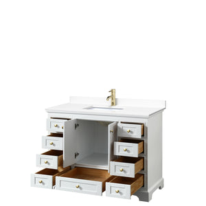 Deborah 48 Inch Single Bathroom Vanity in White White Cultured Marble Countertop Undermount Square Sink Brushed Gold Trim No Mirror