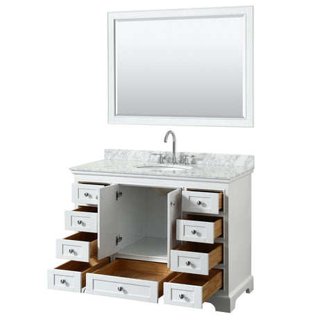 Deborah 48 Inch Single Bathroom Vanity in White White Carrara Marble Countertop Undermount Oval Sink and 46 Inch Mirror