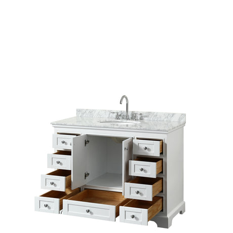 Deborah 48 Inch Single Bathroom Vanity in White White Carrara Marble Countertop Undermount Oval Sink and No Mirror