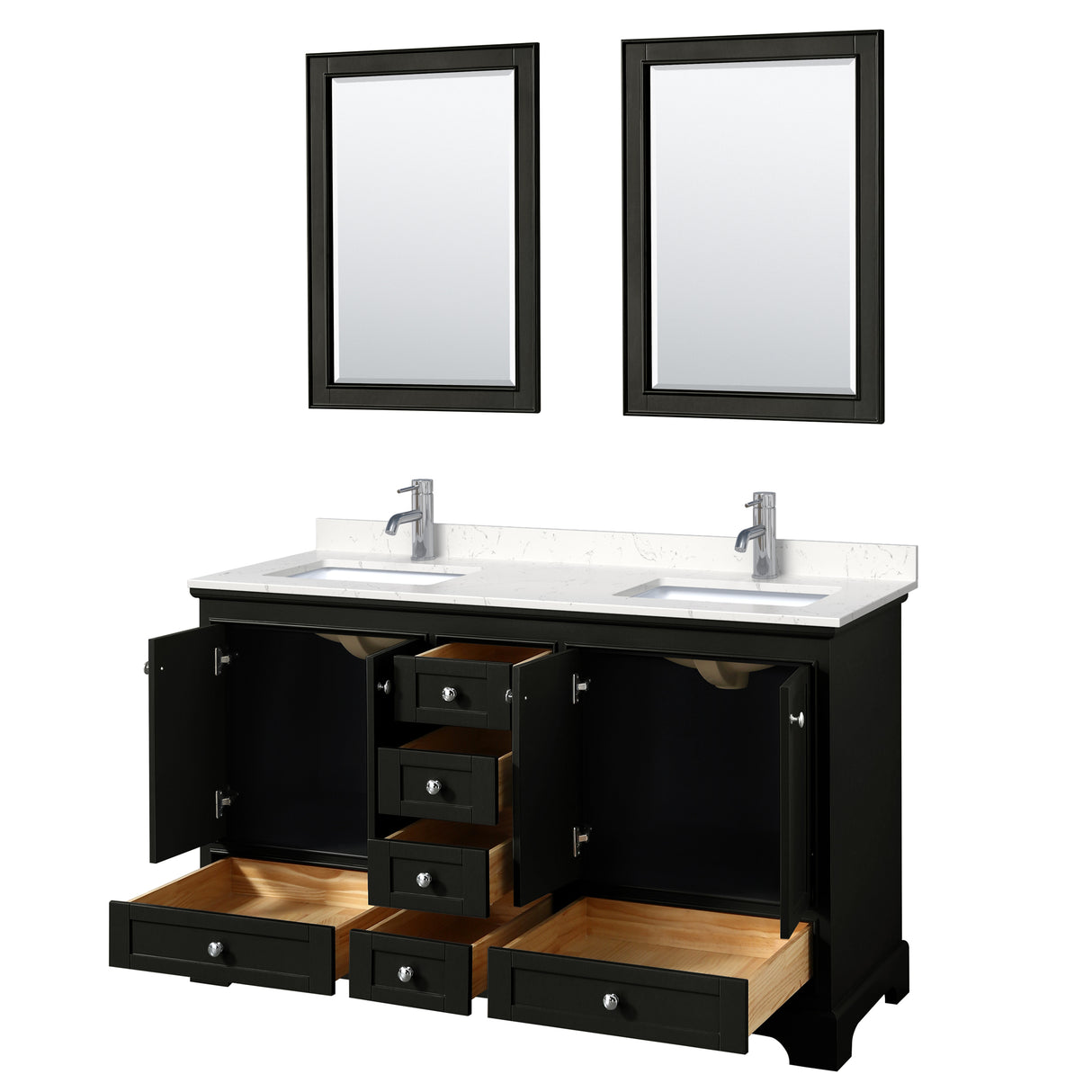 Deborah 60 Inch Double Bathroom Vanity in Dark Espresso Carrara Cultured Marble Countertop Undermount Square Sinks 24 Inch Mirrors