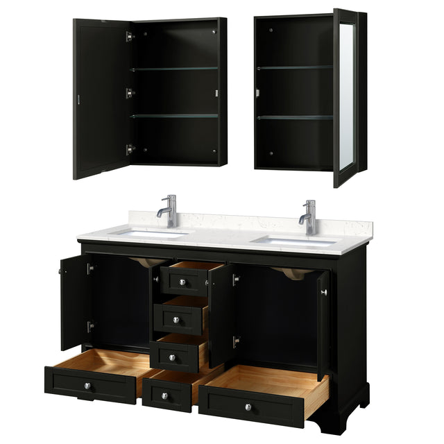 Deborah 60 Inch Double Bathroom Vanity in Dark Espresso Carrara Cultured Marble Countertop Undermount Square Sinks Medicine Cabinets