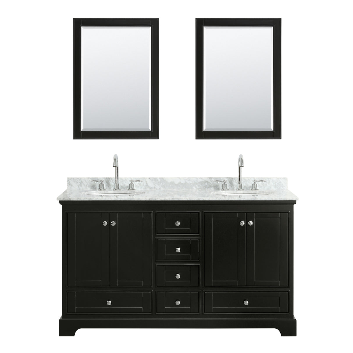 Deborah 60 Inch Double Bathroom Vanity in Dark Espresso White Carrara Marble Countertop Undermount Oval Sinks and 24 Inch Mirrors