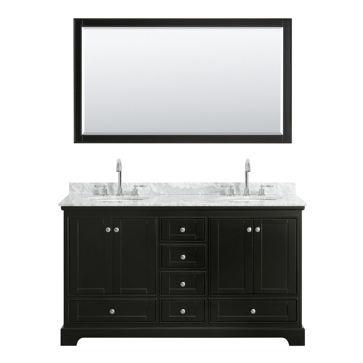 Deborah 60 Inch Double Bathroom Vanity in Dark Espresso White Carrara Marble Countertop Undermount Oval Sinks and 58 Inch Mirror
