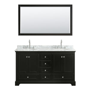 Deborah 60 Inch Double Bathroom Vanity in Dark Espresso White Carrara Marble Countertop Undermount Oval Sinks and 58 Inch Mirror