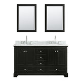 Deborah 60 Inch Double Bathroom Vanity in Dark Espresso White Carrara Marble Countertop Undermount Oval Sinks and Medicine Cabinets