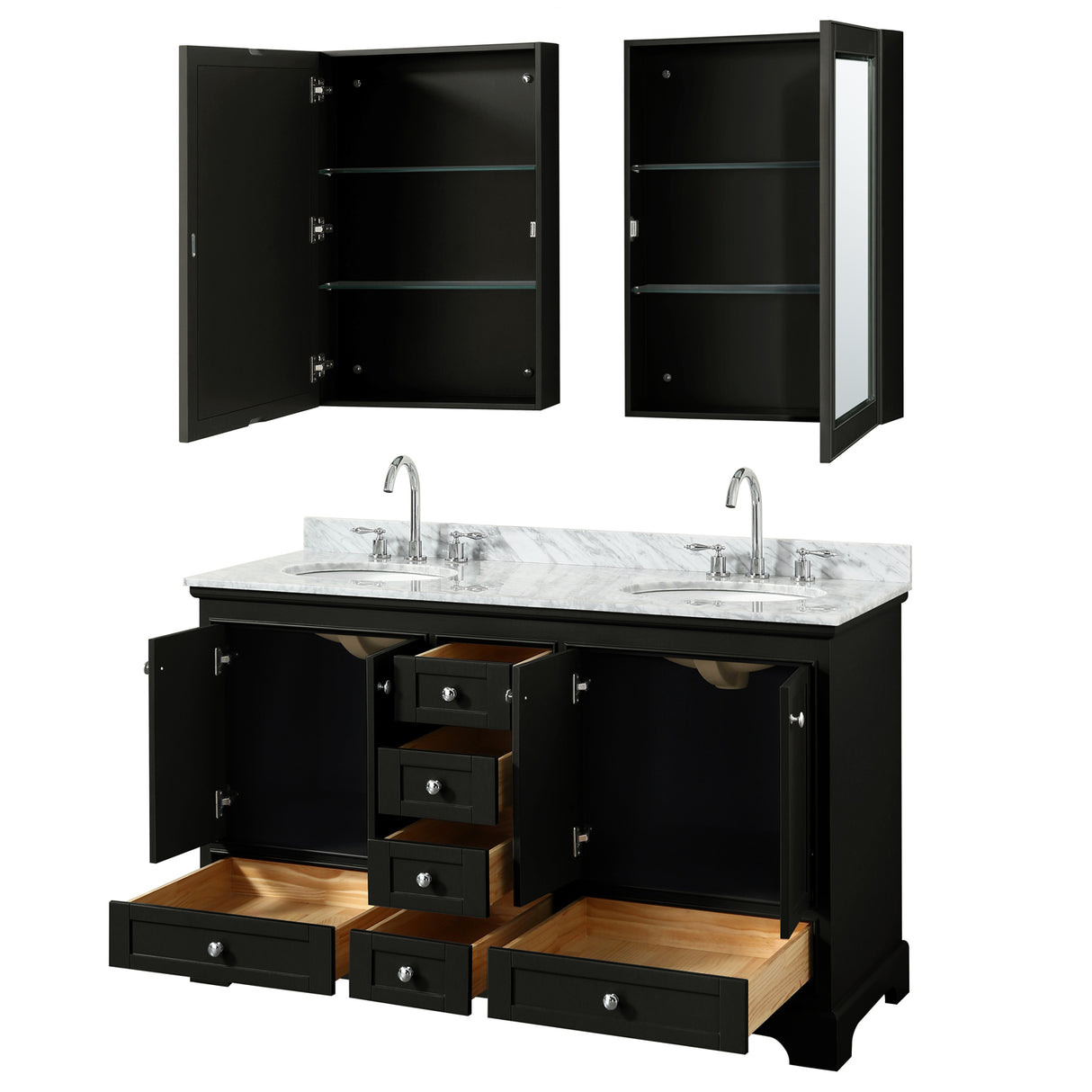 Deborah 60 Inch Double Bathroom Vanity in Dark Espresso White Carrara Marble Countertop Undermount Oval Sinks and Medicine Cabinets