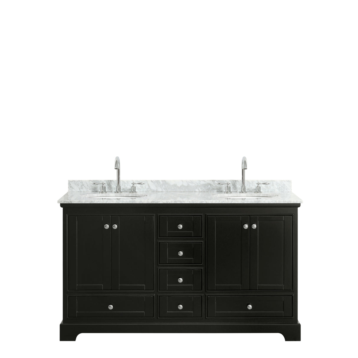 Deborah 60 Inch Double Bathroom Vanity in Dark Espresso White Carrara Marble Countertop Undermount Oval Sinks and No Mirrors