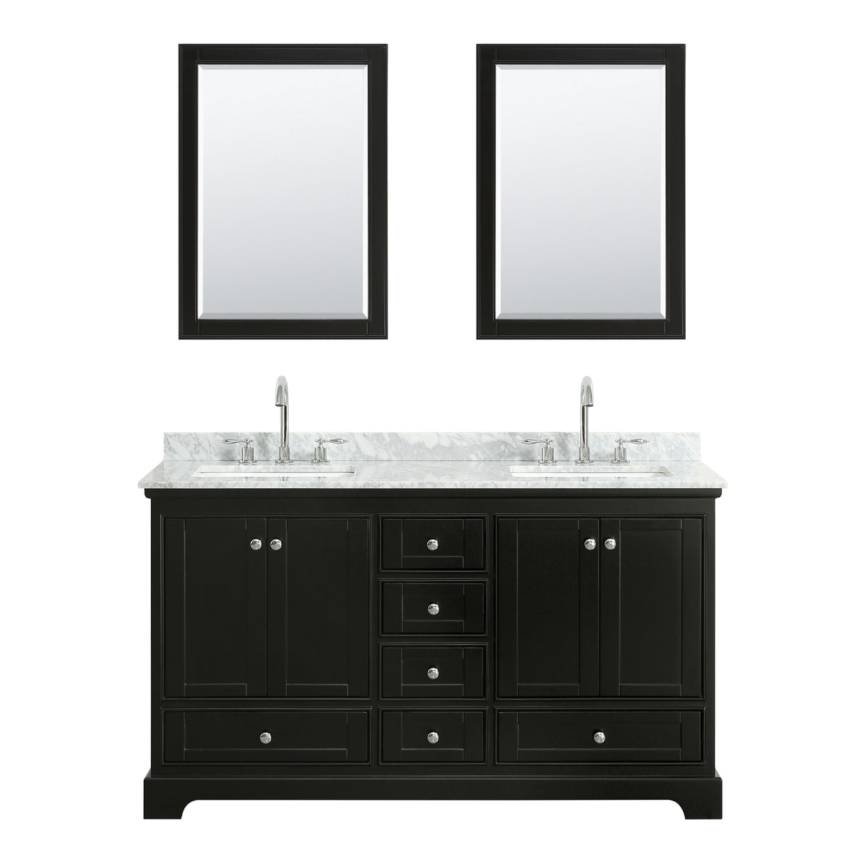 Deborah 60 Inch Double Bathroom Vanity in Dark Espresso White Carrara Marble Countertop Undermount Square Sinks and 24 Inch Mirrors