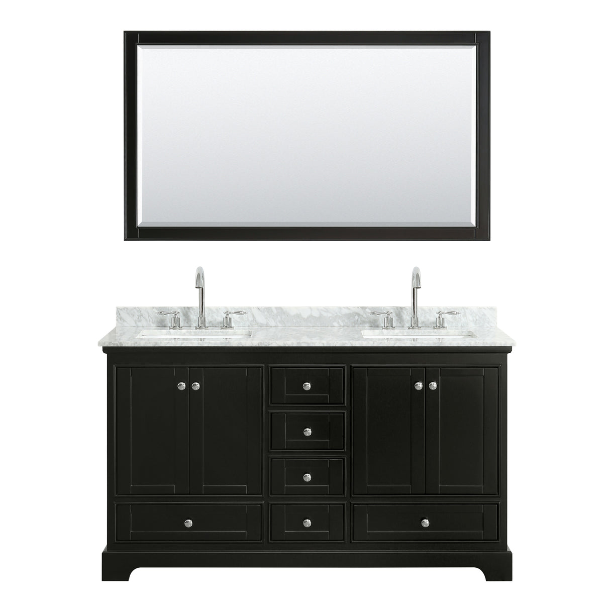 Deborah 60 Inch Double Bathroom Vanity in Dark Espresso White Carrara Marble Countertop Undermount Square Sinks and 58 Inch Mirror