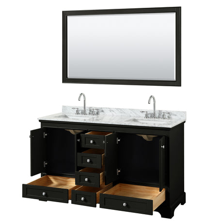 Deborah 60 Inch Double Bathroom Vanity in Dark Espresso White Carrara Marble Countertop Undermount Square Sinks and 58 Inch Mirror