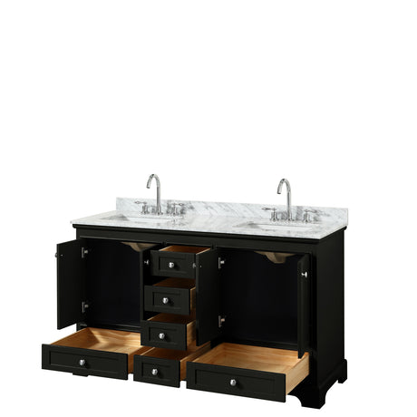 Deborah 60 Inch Double Bathroom Vanity in Dark Espresso White Carrara Marble Countertop Undermount Square Sinks and No Mirrors