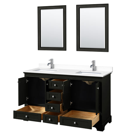 Deborah 60 Inch Double Bathroom Vanity in Dark Espresso White Cultured Marble Countertop Undermount Square Sinks 24 Inch Mirrors