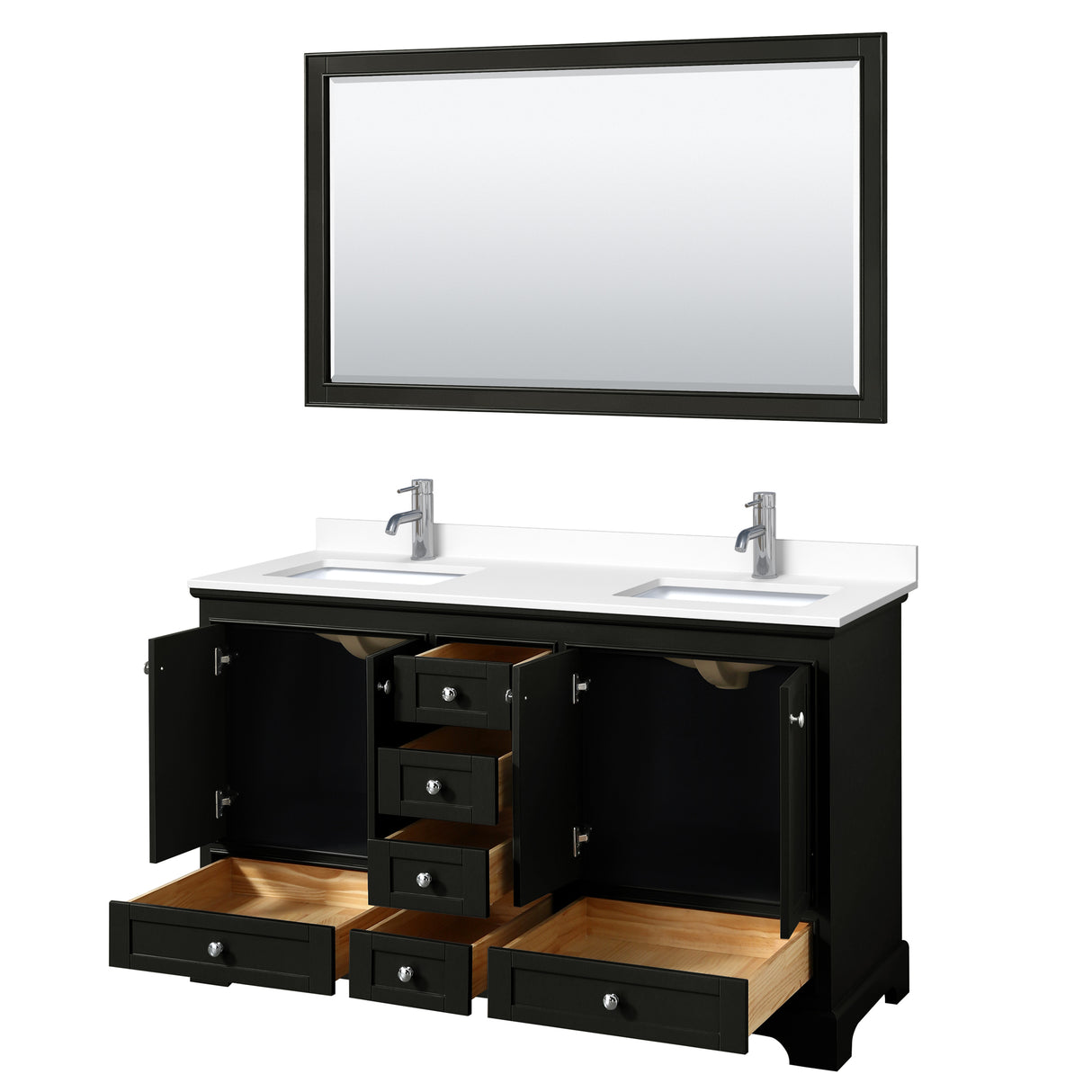 Deborah 60 Inch Double Bathroom Vanity in Dark Espresso White Cultured Marble Countertop Undermount Square Sinks 58 Inch Mirror