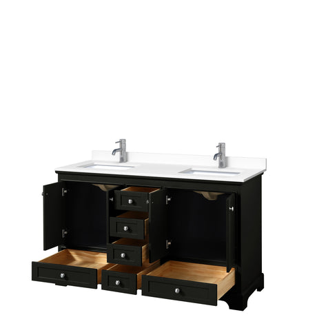 Deborah 60 Inch Double Bathroom Vanity in Dark Espresso White Cultured Marble Countertop Undermount Square Sinks No Mirrors