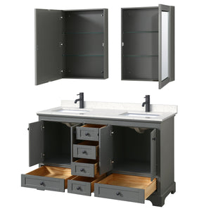 Deborah 60 Inch Double Bathroom Vanity in Dark Gray Carrara Cultured Marble Countertop Undermount Square Sinks Matte Black Trim Medicine Cabinets