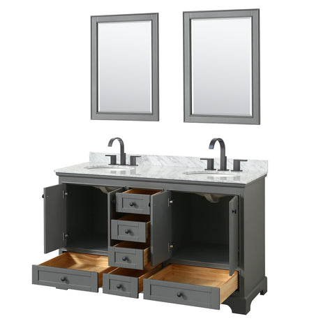 Deborah 60 Inch Double Bathroom Vanity in Dark Gray White Carrara Marble Countertop Undermount Oval Sinks Matte Black Trim 24 Inch Mirrors
