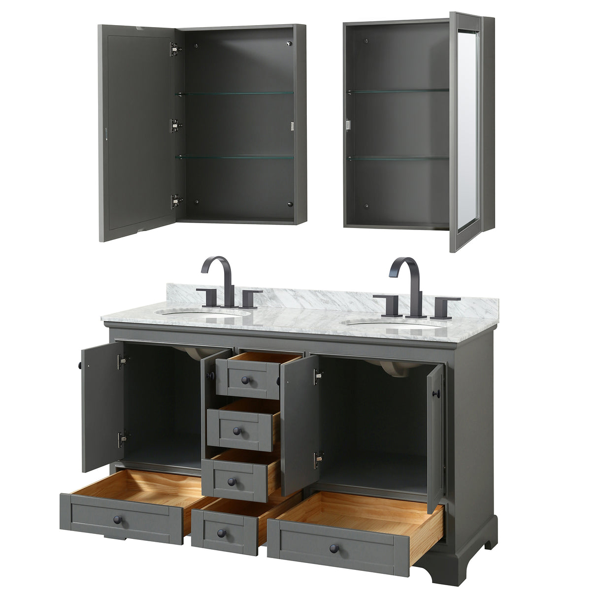 Deborah 60 Inch Double Bathroom Vanity in Dark Gray White Carrara Marble Countertop Undermount Oval Sinks Matte Black Trim Medicine Cabinets