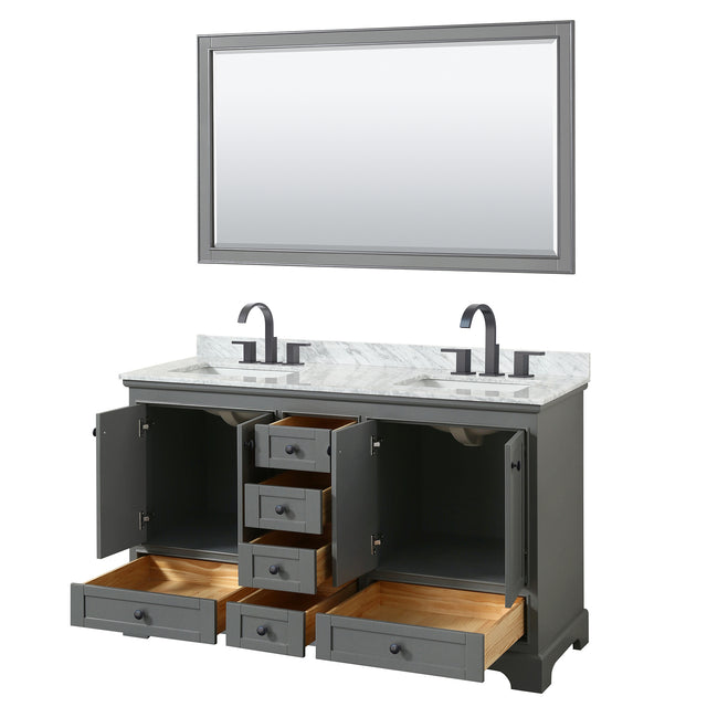 Deborah 60 Inch Double Bathroom Vanity in Dark Gray White Carrara Marble Countertop Undermount Square Sinks Matte Black Trim 58 Inch Mirror
