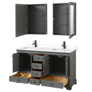 Deborah 60 Inch Double Bathroom Vanity in Dark Gray White Cultured Marble Countertop Undermount Square Sinks Matte Black Trim Medicine Cabinets