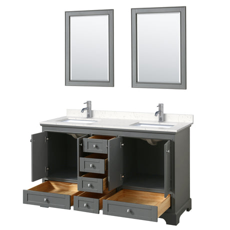 Deborah 60 Inch Double Bathroom Vanity in Dark Gray Carrara Cultured Marble Countertop Undermount Square Sinks 24 Inch Mirrors